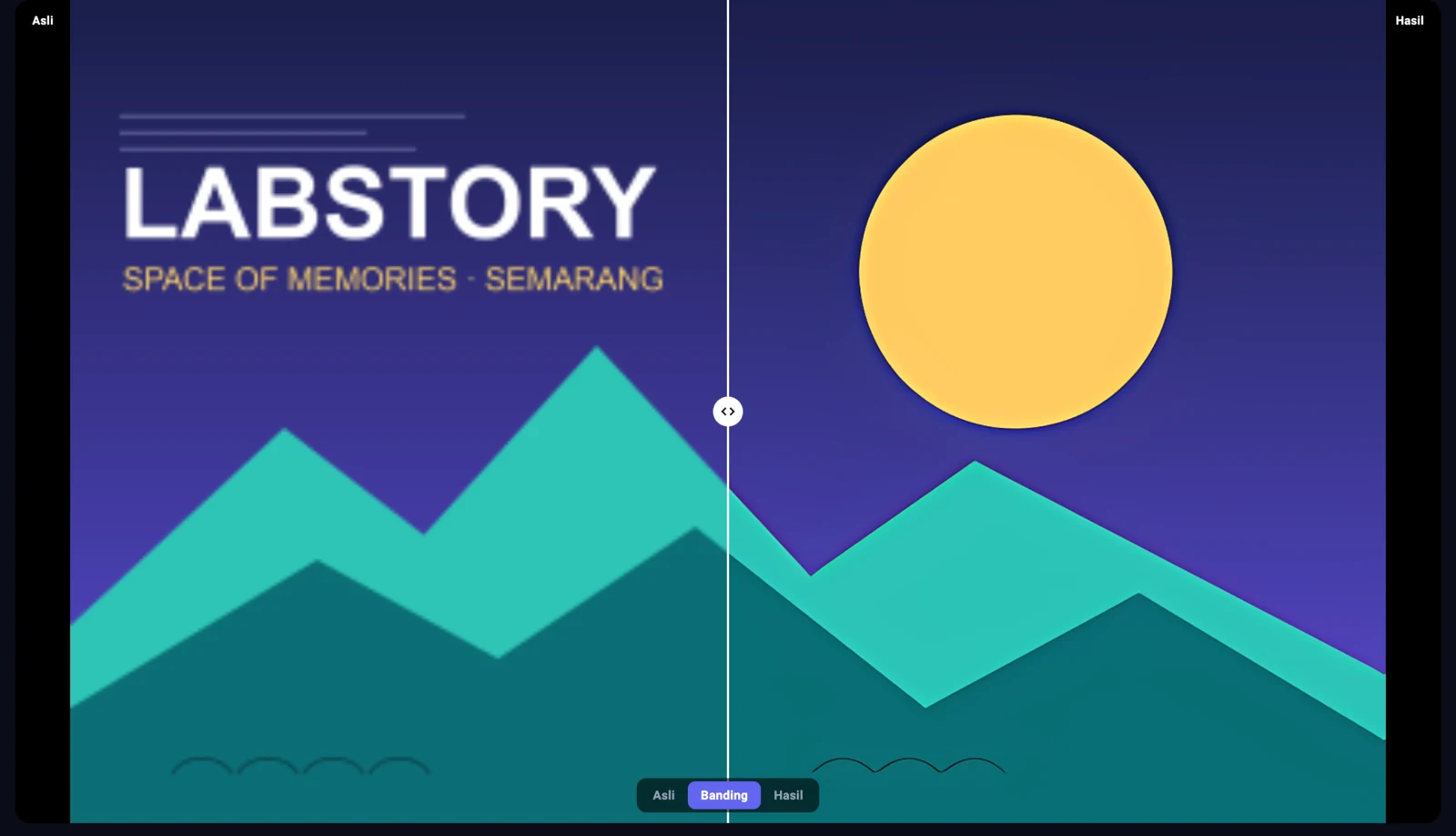 Tampilan pembanding di LabScale: gambar asli di kiri, hasil upscale di kanan, dengan pilihan Asli / Banding / Hasil